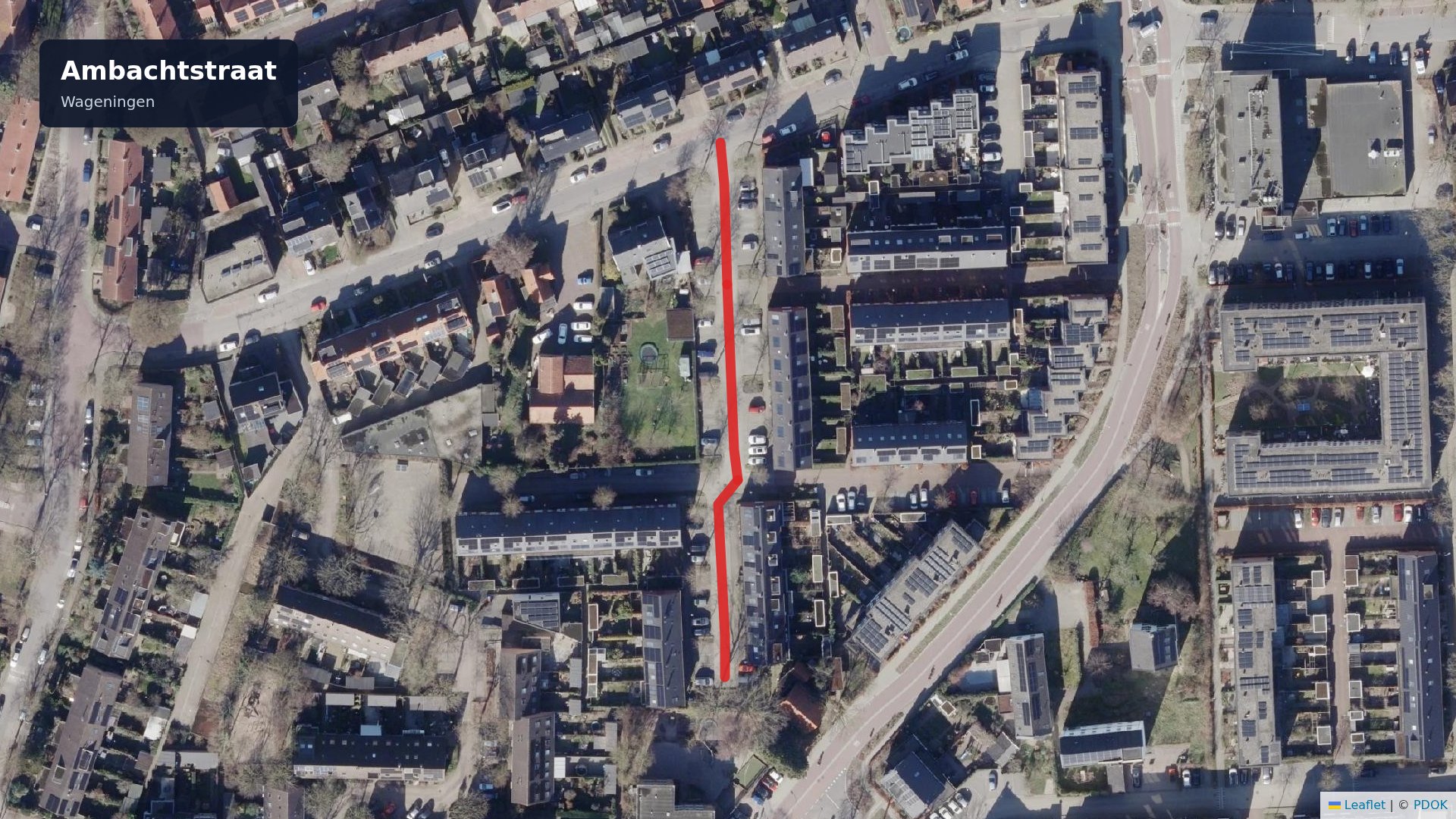 Kaart van Ambachtstraat in Wageningen, locatie van stormschade op 24 oktober 2026