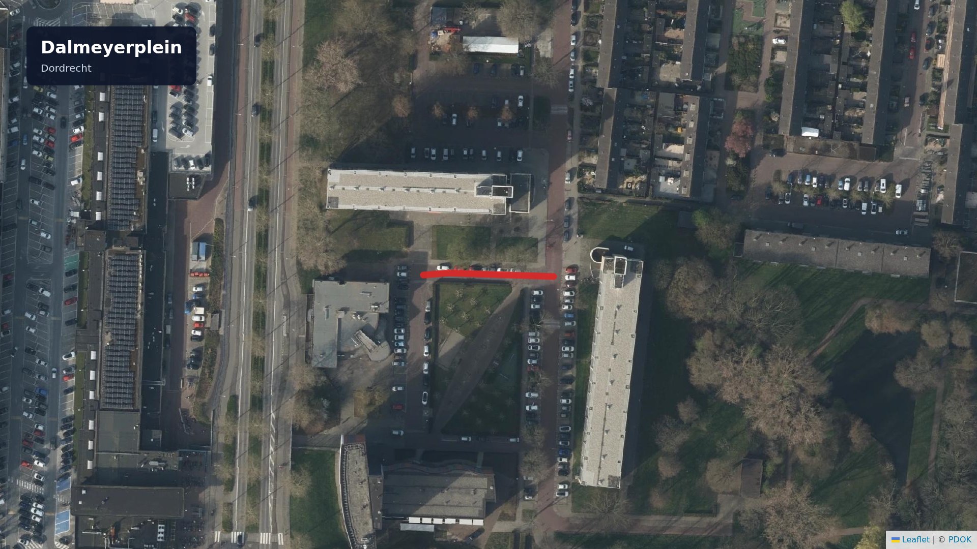 Kaart van Dalmeyerplein in Dordrecht, locatie van wateroverlast op 24 oktober 2026