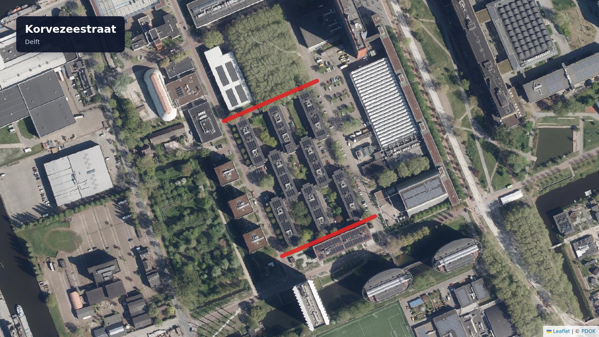 Kaart van Korvezeestraat in Delft, locatie van wateroverlast op 24 oktober 2026